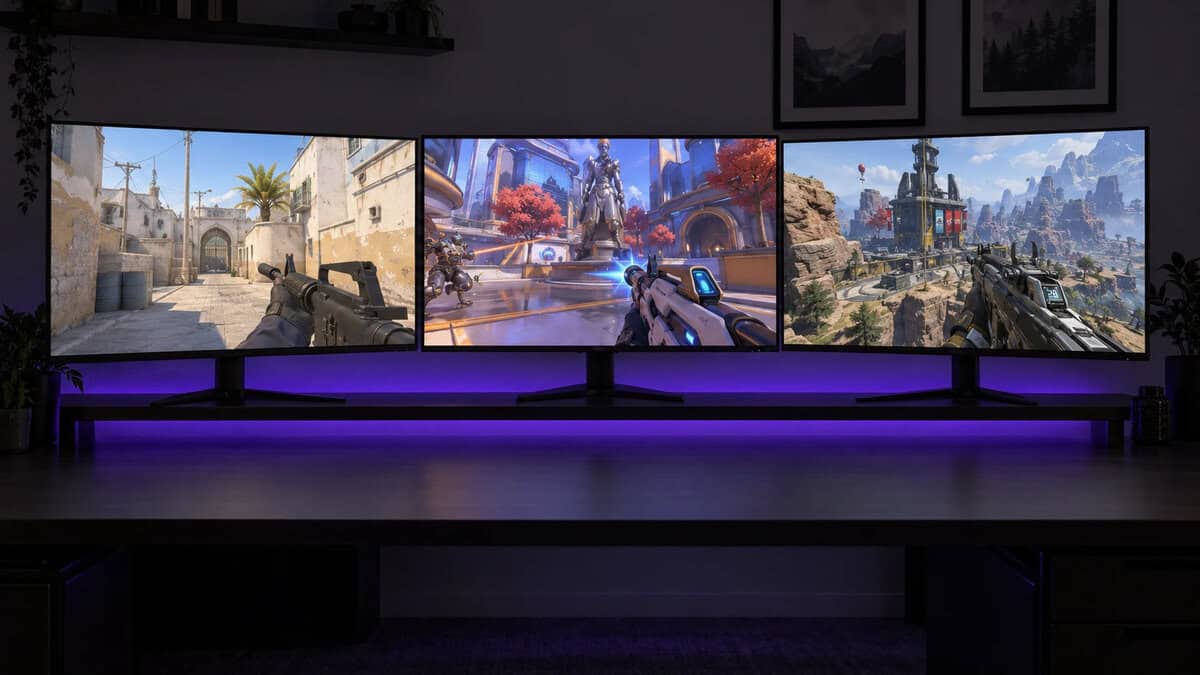 Three gaming monitors side by side on a long desk shelf showing Counter-Strike 2, Overwatch 2 and Apex Legends, a violet light strip glowing under the shelf, comparing which best 360Hz monitor fits each frame rate