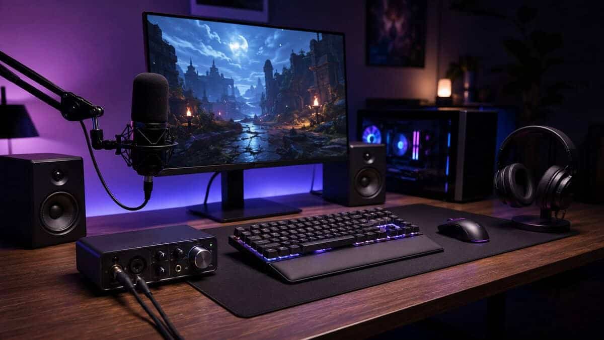 Gaming desk with an XLR microphone on a boom arm, studio speakers, and a compact best budget audio interface wired in beside the keyboard under purple lighting.