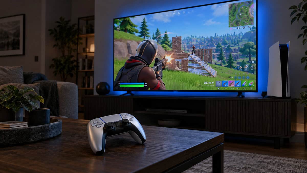 Silver and black wireless controller on a living-room coffee table facing a TV with a blue backlight and a white console beside it, a couch-side pick for the best controller for Fortnite, with a Fortnite gunfight on screen