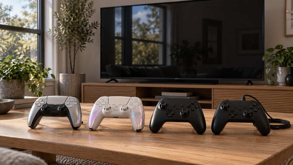 Four controllers lined up on an oak table in window daylight, two light and two black with one wired, the TV switched off behind them, comparing options for the best controller for GTA 6