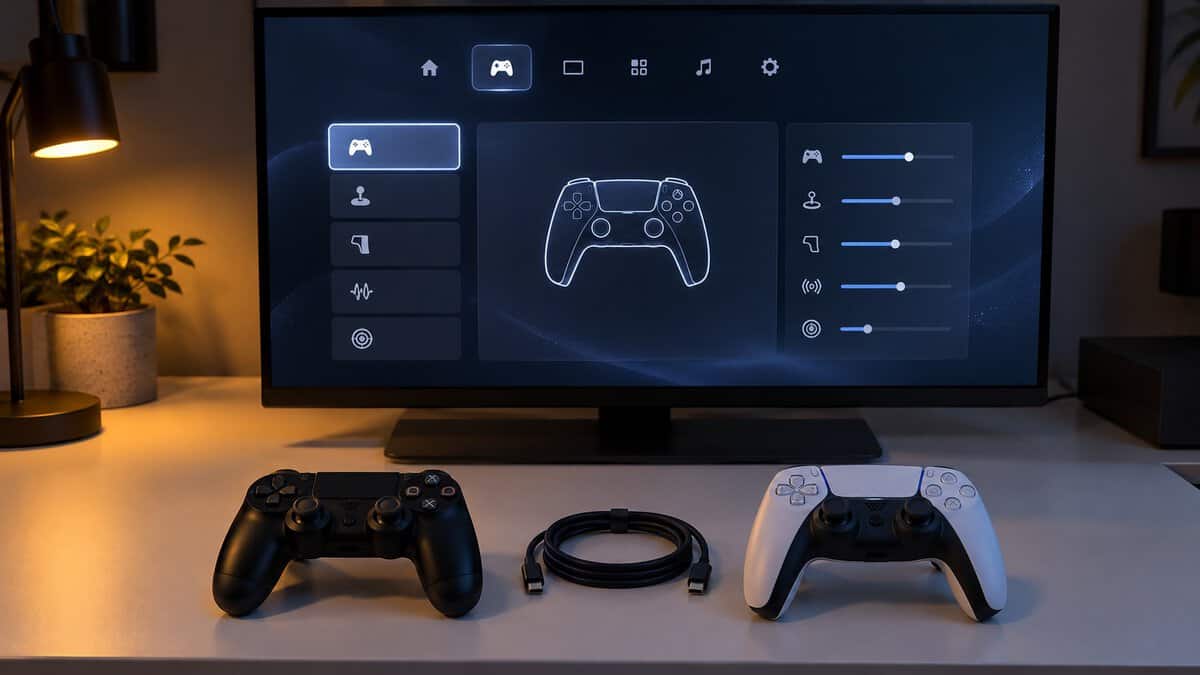 An older black controller and a white two-tone controller with a coiled USB-C cable between them under an amber lamp, a controller settings screen showing, checking your drawer before buying the best controller for GTA 6