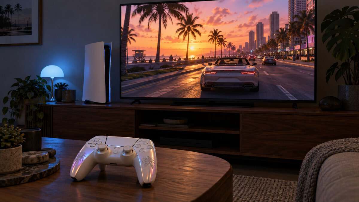 A white limited edition controller with palm tree details on a wooden coffee table, a white console by the TV and a sunset beach drive on screen, a collector's take on the best controller for GTA 6