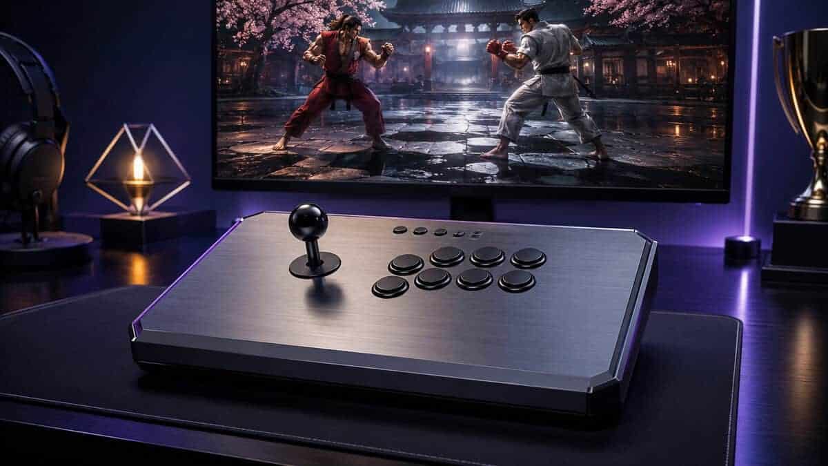 Brushed aluminum fight stick on a dark desk mat beside a tournament trophy, the premium end of the best fight stick ladder.