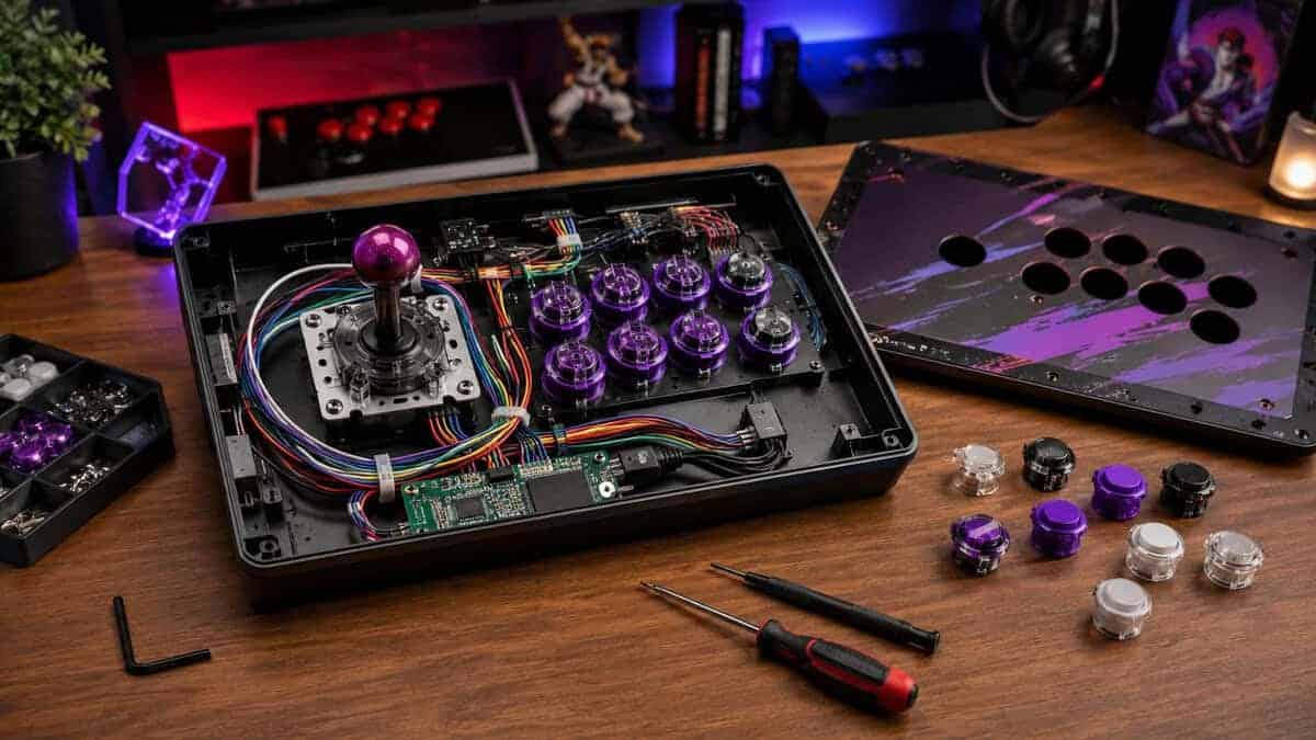 Opened fight stick showing its wiring, PCB, and purple swap-in buttons beside tools and a spare faceplate, the repairability that makes the best fight stick a long-term buy.