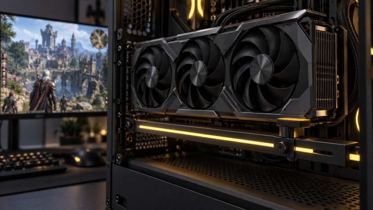 Horizontal beam-style best GPU support bracket glowing amber under a triple-fan graphics card, with Baldur's Gate 3 on the monitor behind the case