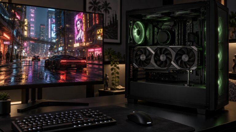 Triple-fan graphics card held level by the best GPU support bracket, a slim post stand, inside a black green-lit gaming PC beside a monitor showing Cyberpunk 2077