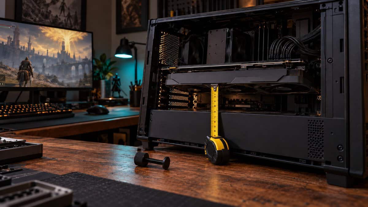 Tape measure checking the gap under a graphics card before choosing the best GPU support bracket, a thumbscrew on the wooden desk and Elden Ring on the monitor