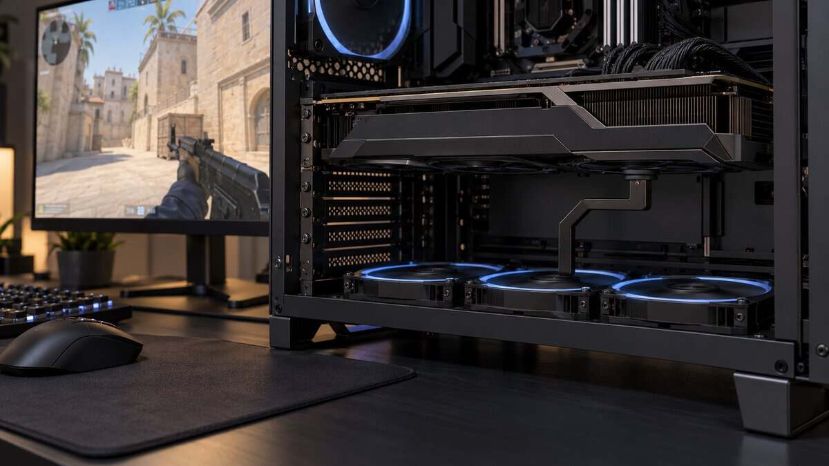 Bent arm-style best GPU support bracket holding a long graphics card above three blue-lit bottom intake fans, Counter-Strike 2 on the monitor beside the case