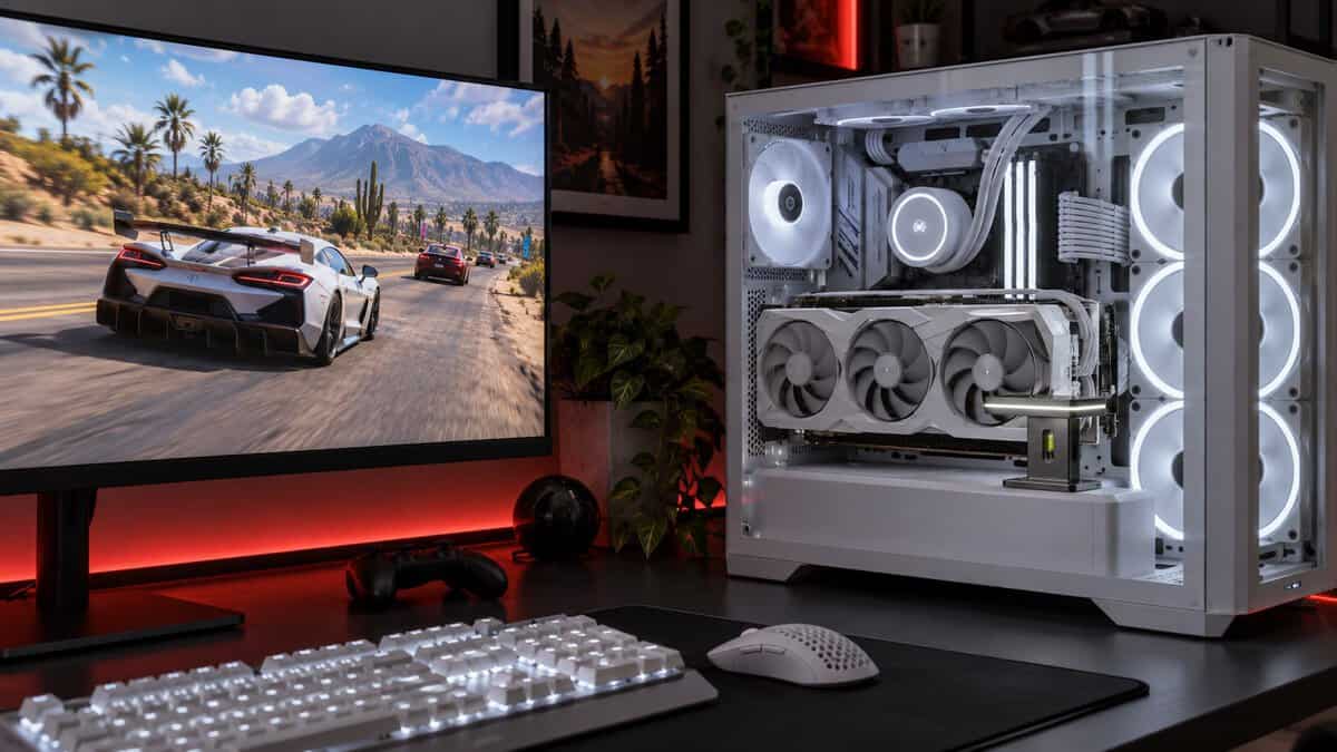 Grey stand with a built-in spirit level serving as the best GPU support bracket under a white triple-fan graphics card in an all-white build, Forza Horizon 5 on the monitor