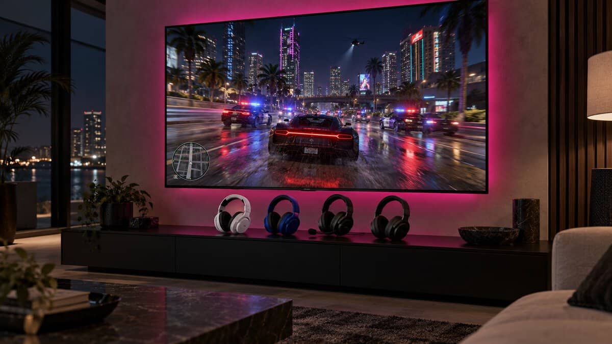 Four headsets in white, cobalt and black lined up on a low black bench beneath a magenta-lit TV showing a night police chase through neon streets, comparing options for the best headset for GTA 6
