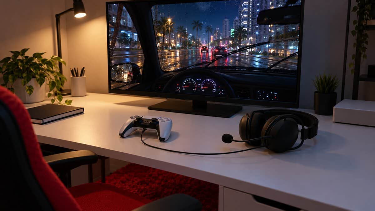 A black wired headset with a boom mic cabled to a white controller on a white desk, a rainy night drive seen from the driver's seat on the monitor and a red chair and rug nearby, a desk setup built around the best headset for GTA 6
