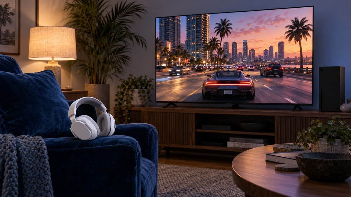 A white wireless headset resting on the arm of a navy velvet armchair under a warm table lamp, a sports car cruising a palm-lined boulevard at dusk on the TV beside a black console, a cozy living room ready for the best headset for GTA 6