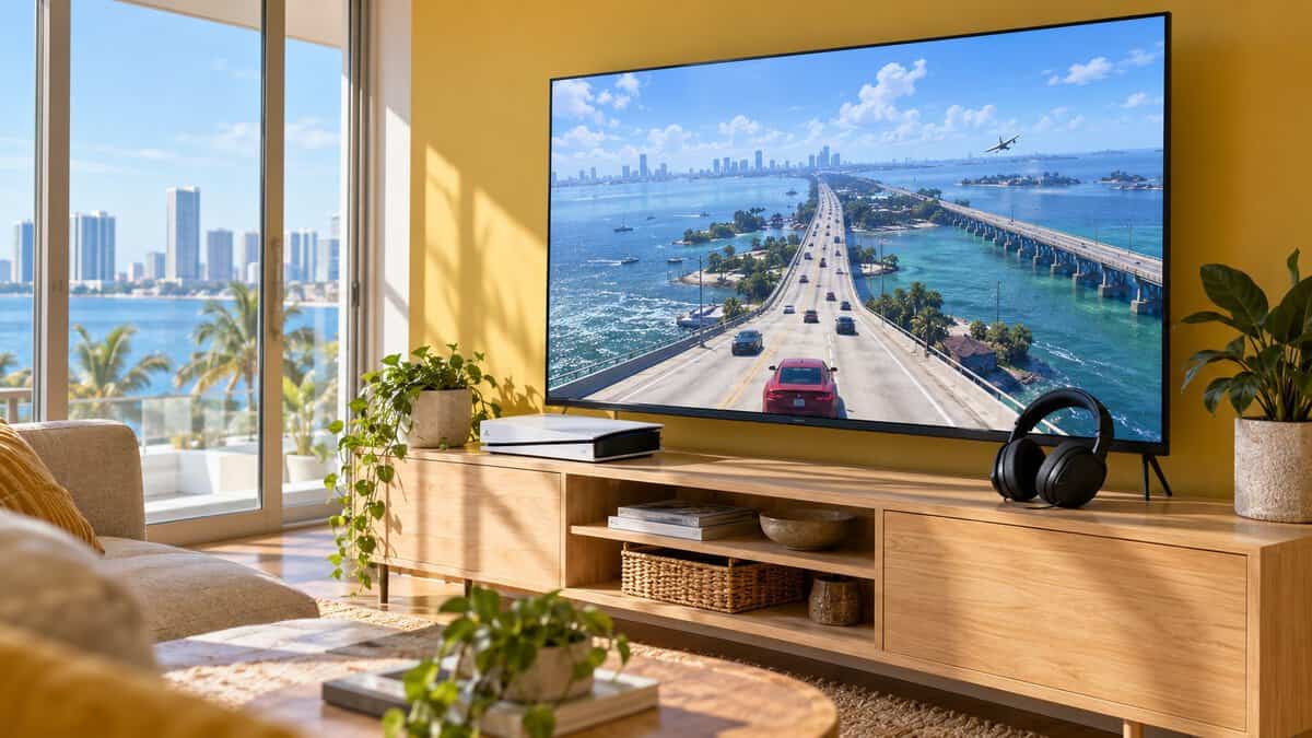 A black over-ear headset beside a slim white console on a light oak media table, a long bridge over turquoise water in midday sun on the TV against a mustard wall, a sunny room that suits the best headset for GTA 6