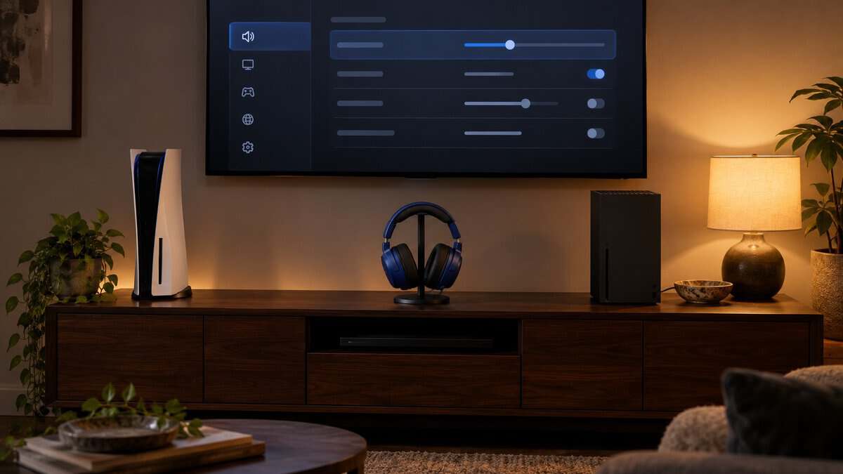 A cobalt blue headset on a stand between a white console and a black console on a walnut cabinet under warm lamp light, a sound settings menu on the TV, tuning console audio for the best headset for GTA 6