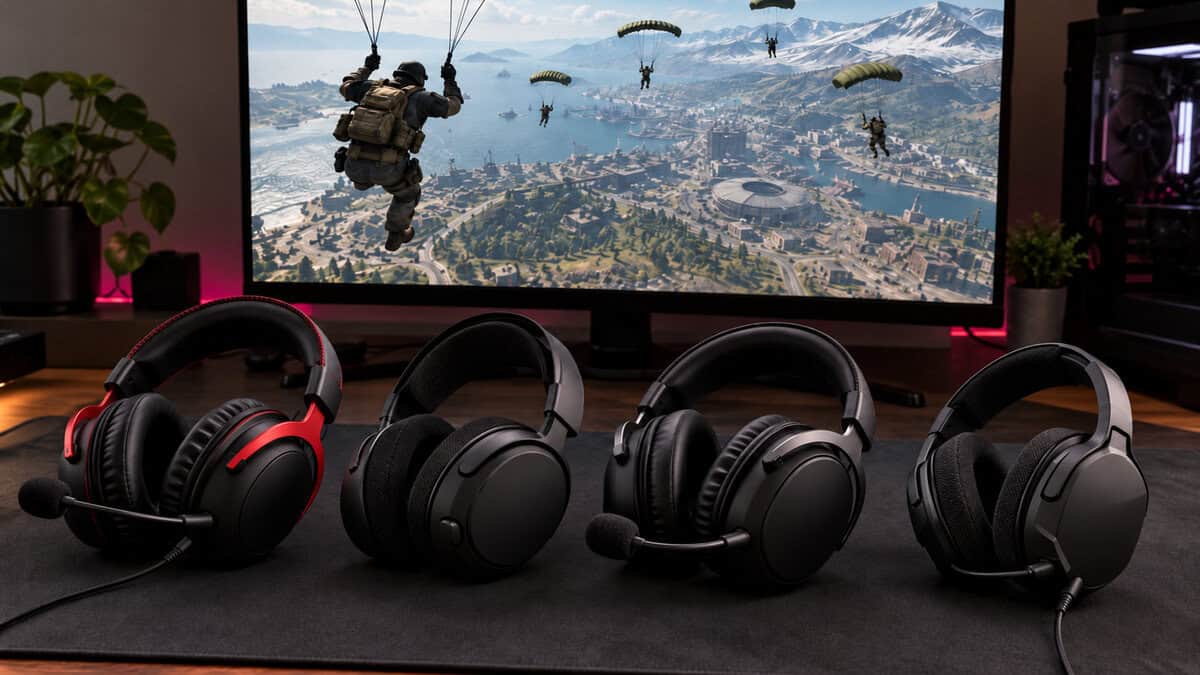 Four gaming headsets lined up on a desk mat in front of a monitor showing squads parachuting over a coastal city, magenta light glowing behind the desk, comparing which best headset for Warzone fits each setup