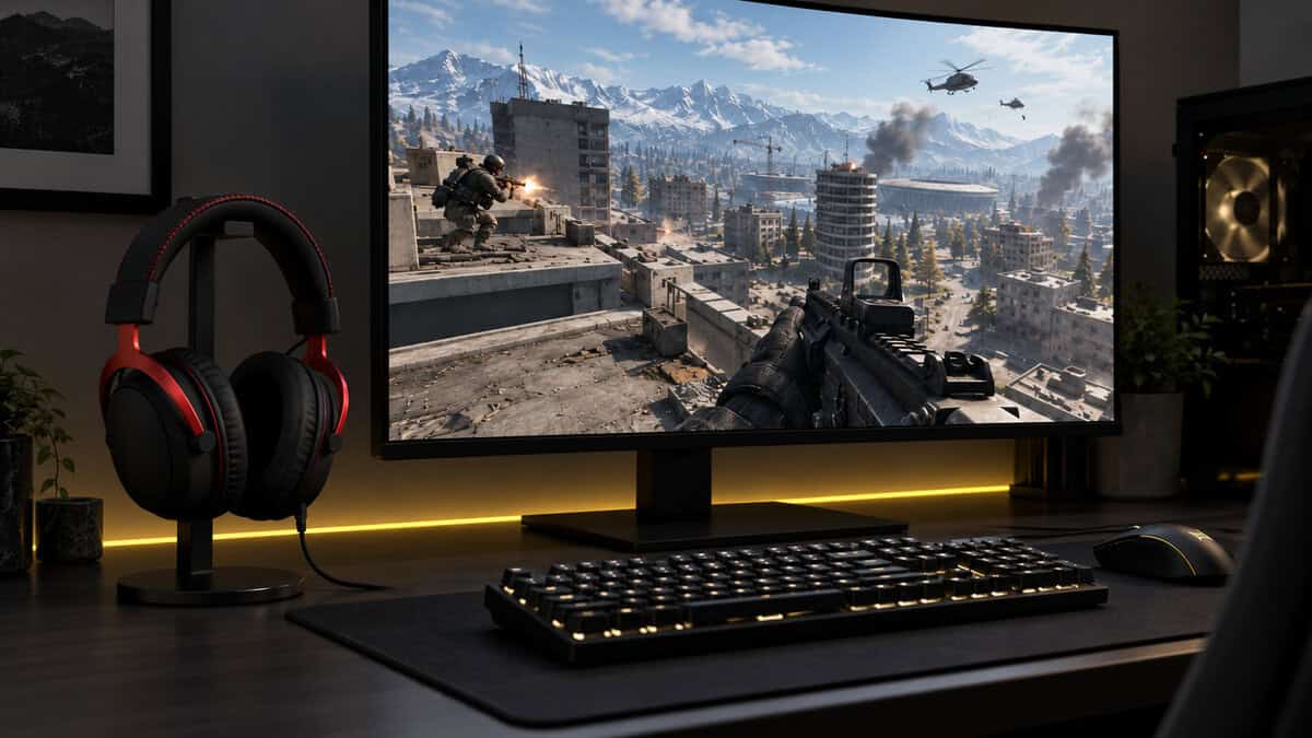 Black and red wired gaming headset on a stand beside a PC monitor showing a first-person rooftop firefight over a snowy battle royale city, a golden yellow light strip glowing under the desk, a wired take on the best headset for Warzone