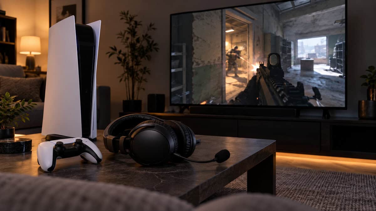 White console and controller next to a closed-back headset with a boom mic on a coffee table, a close-quarters indoor firefight on the TV and warm amber lamplight filling the room, a couch setup where the best headset for Warzone handles spatial audio