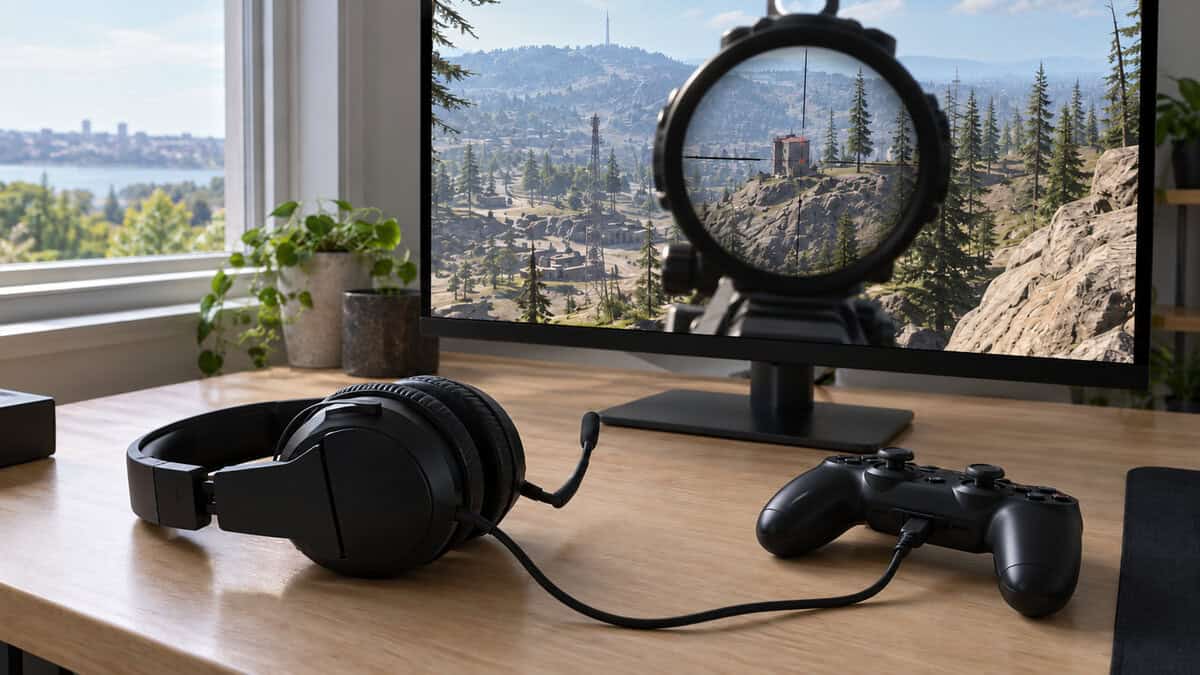 Budget wired headset plugged into a controller on a sunlit wooden desk by a window, a sniper scope view over a pine-covered hill on the monitor, the simple plug-in route to the best headset for Warzone