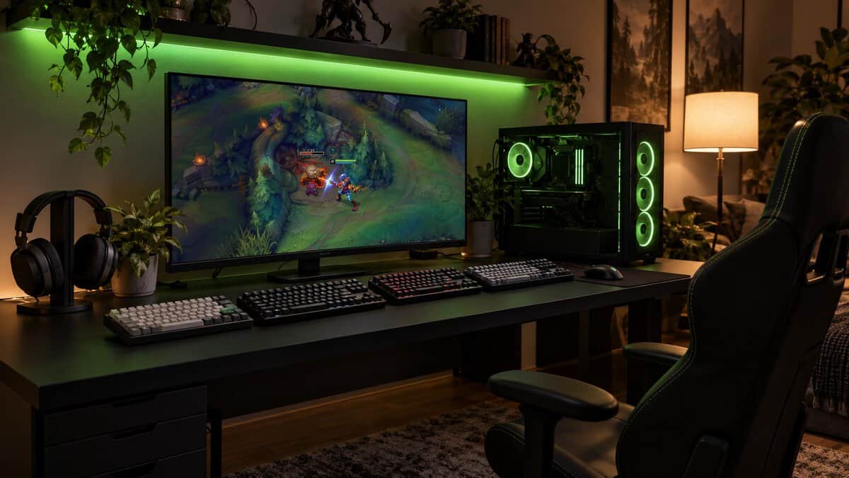 Four keyboards in cream, black, red-lit and gray lined up on a black desk under a green LED shelf, a jungle fight on the monitor, comparing options for the best keyboard for League of Legends