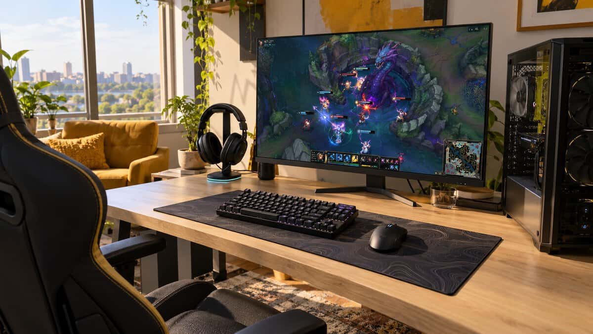 A black tenkeyless keyboard on a dark topographic desk mat atop an oak desk in afternoon sun, a mustard armchair and yellow wall art behind a Baron pit team fight on screen, picking the best keyboard for League of Legends in daylight