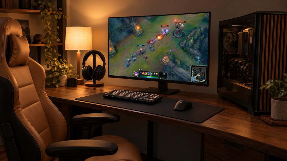 A compact dark keyboard with gray keycaps on a black desk mat across a walnut desk, a tan leather gaming chair, warm lamp and headset stand beside a mid-lane tower fight on the monitor, a cozy setup for the best keyboard for League of Legends
