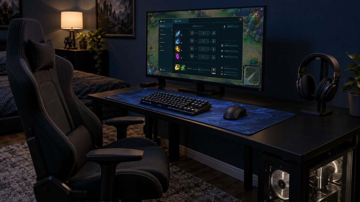 A black keyboard with blue-lit keys on a blue desk mat in a navy room, the monitor open to a hotkey settings menu, binding abilities on the best keyboard for League of Legends