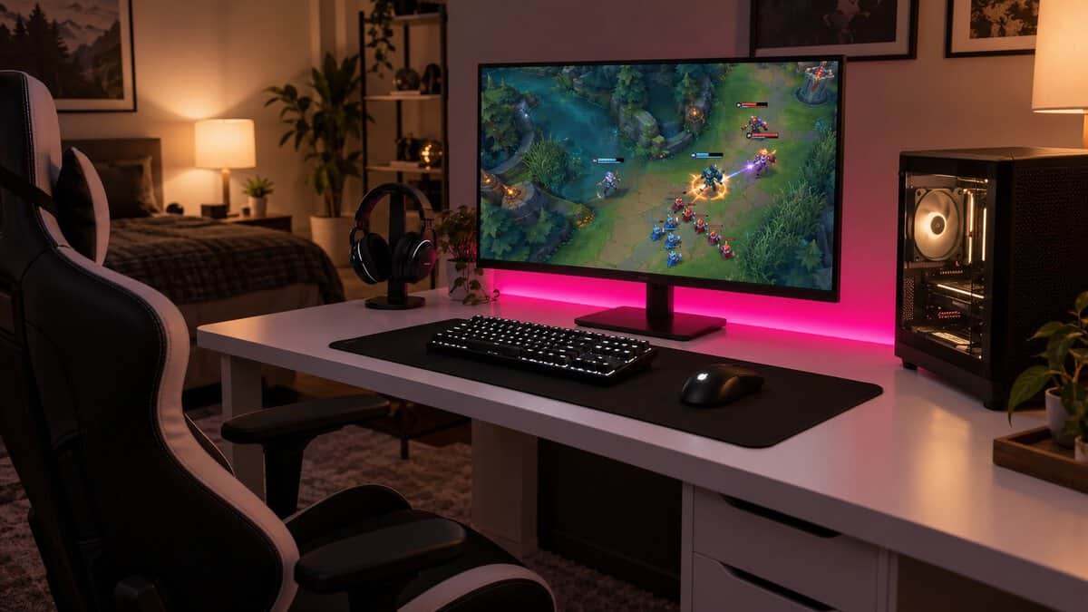A black tenkeyless keyboard with white backlighting on a white desk, magenta light glowing behind a monitor that shows a bot-lane skirmish, a bedroom corner built around the best keyboard for League of Legends