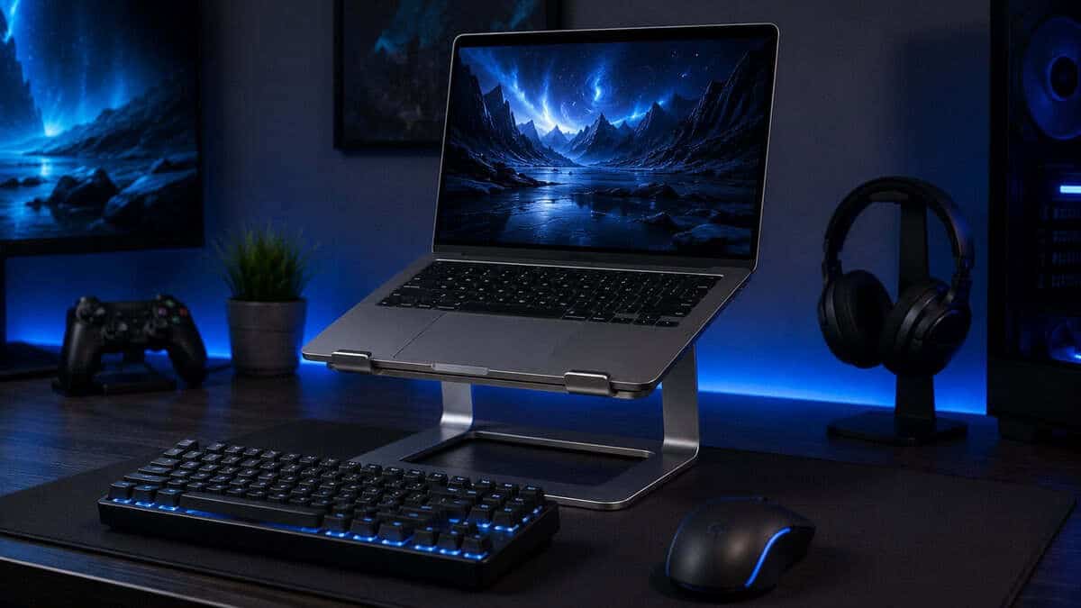 Blue-lit gaming setup with a laptop elevated on a fixed aluminum riser above a TKL keyboard and mouse, the entry route to best laptop stand ergonomics