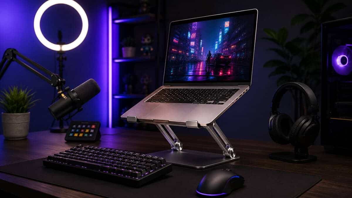 Streaming corner with a ring light and dynamic mic where a folding stand holds the laptop at eye level, the adjustable style many pick as the best laptop stand