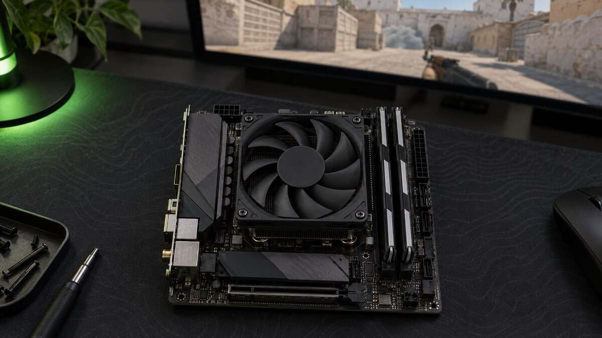 Top-down view of a mini-ITX motherboard with a black 92 mm low-profile cooler and two RAM sticks clear beside it, a compact option for the best low-profile CPU cooler, with Counter-Strike 2 on the monitor