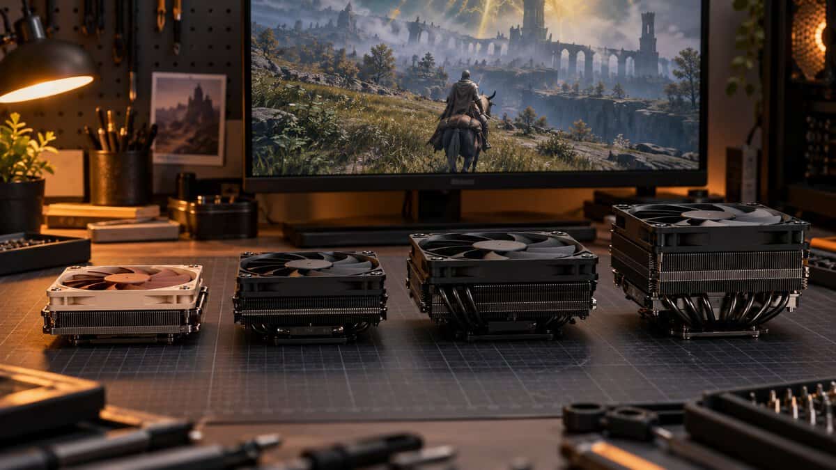 Four low-profile CPU coolers lined up by height on a workbench cutting mat, from a slim 92 mm model with a brown fan to a taller black 120 mm model, comparing picks for the best low-profile CPU cooler, with Elden Ring on the monitor
