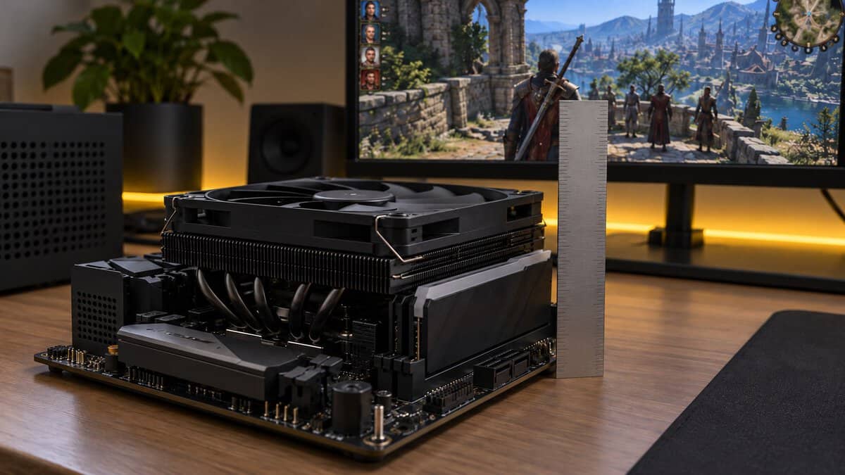 Black 120 mm low-profile cooler on a mini-ITX board with a steel ruler standing beside it and a tall RAM stick tucked under its fin stack, measuring the best low-profile CPU cooler, with Baldur's Gate 3 on screen