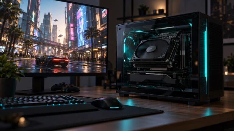Compact black mini-ITX gaming PC with a glass side panel showing a black low-profile cooler and its 120 mm fan under teal accent light, built around the best low-profile CPU cooler, with Cyberpunk 2077 on the monitor