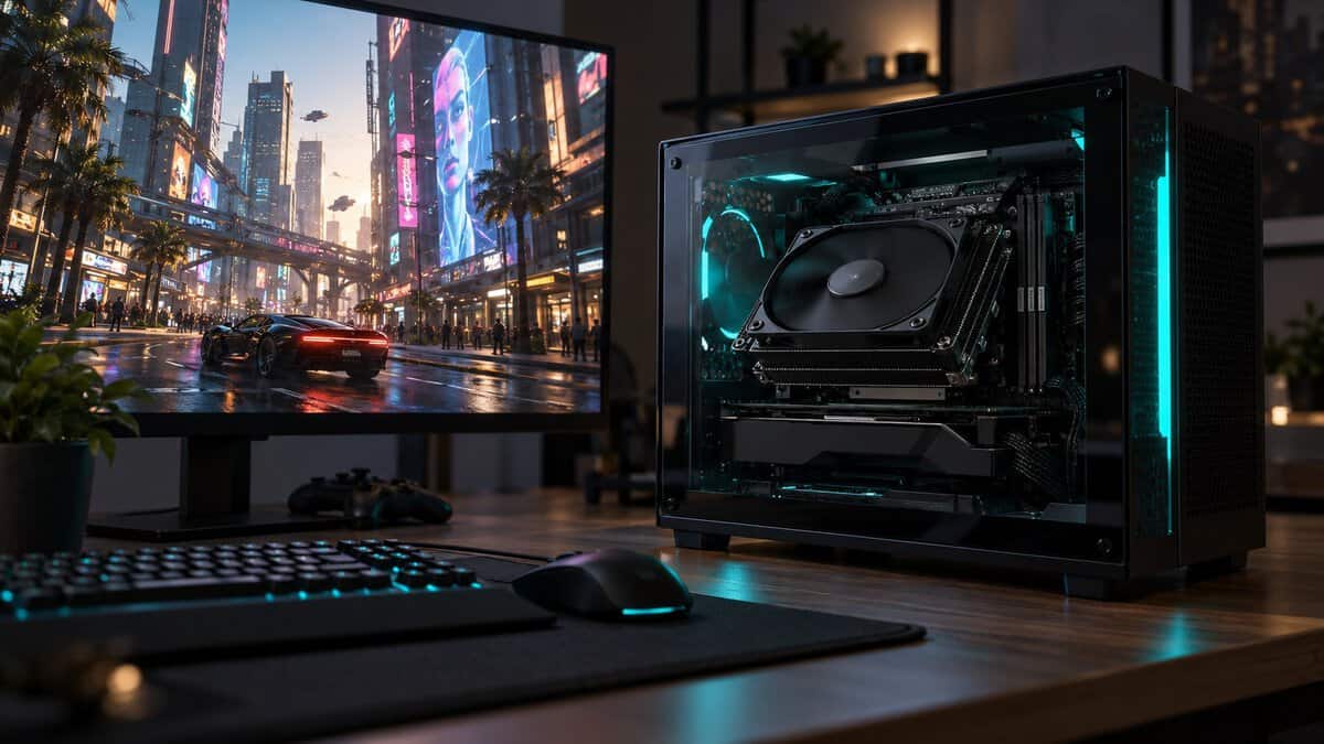 Compact black mini-ITX gaming PC with a glass side panel showing a black low-profile cooler and its 120 mm fan under teal accent light, built around the best low-profile CPU cooler, with Cyberpunk 2077 on the monitor