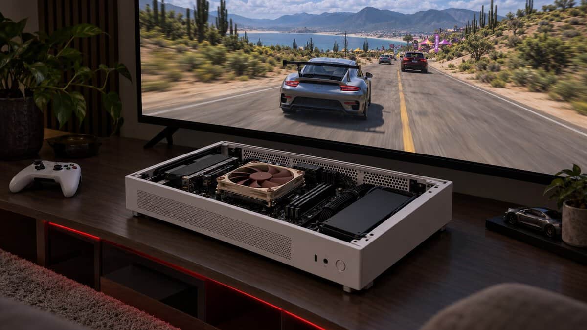 Slim white console-style PC case open on a TV stand with a low 92 mm cooler and its brown fan on the motherboard, a slim-case pick for the best low-profile CPU cooler, with Forza Horizon 5 on the TV