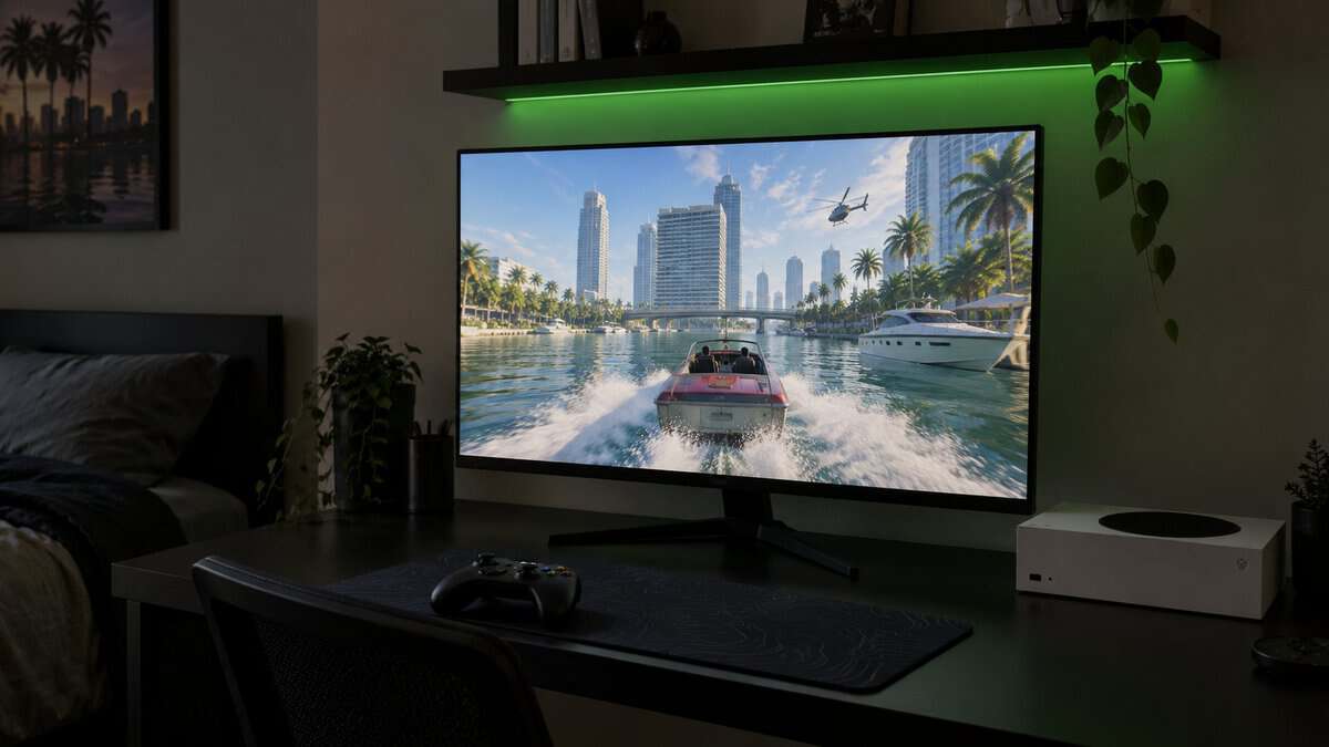 A black 27-inch monitor under a green-lit shelf on a dorm desk next to a compact white console, a speedboat racing down a city canal on screen, a budget take on the best monitor for GTA 6