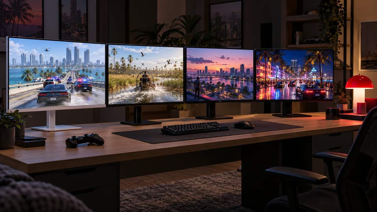 Four monitors side by side on a long wooden desk, each lit with a different sunny or neon coastal city scene, a red table lamp at the end, choosing the best monitor for GTA 6 by room