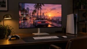 A white 4K monitor on a walnut desk beside a white console, a sunset beach drive on screen and a golden desk lamp glowing, a bright setup built around the best monitor for GTA 6
