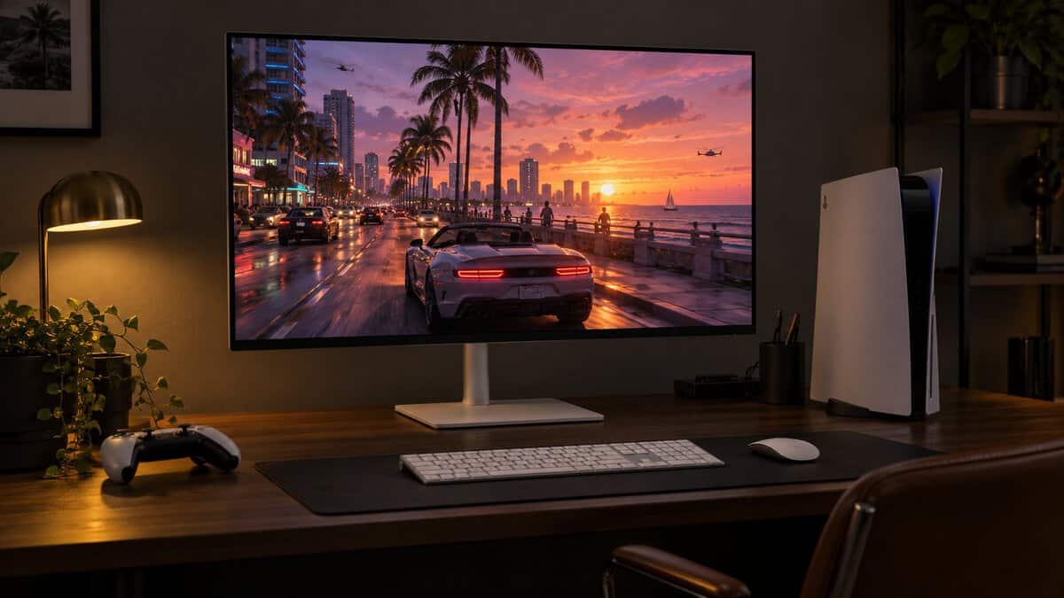 A white 4K monitor on a walnut desk beside a white console, a sunset beach drive on screen and a golden desk lamp glowing, a bright setup built around the best monitor for GTA 6