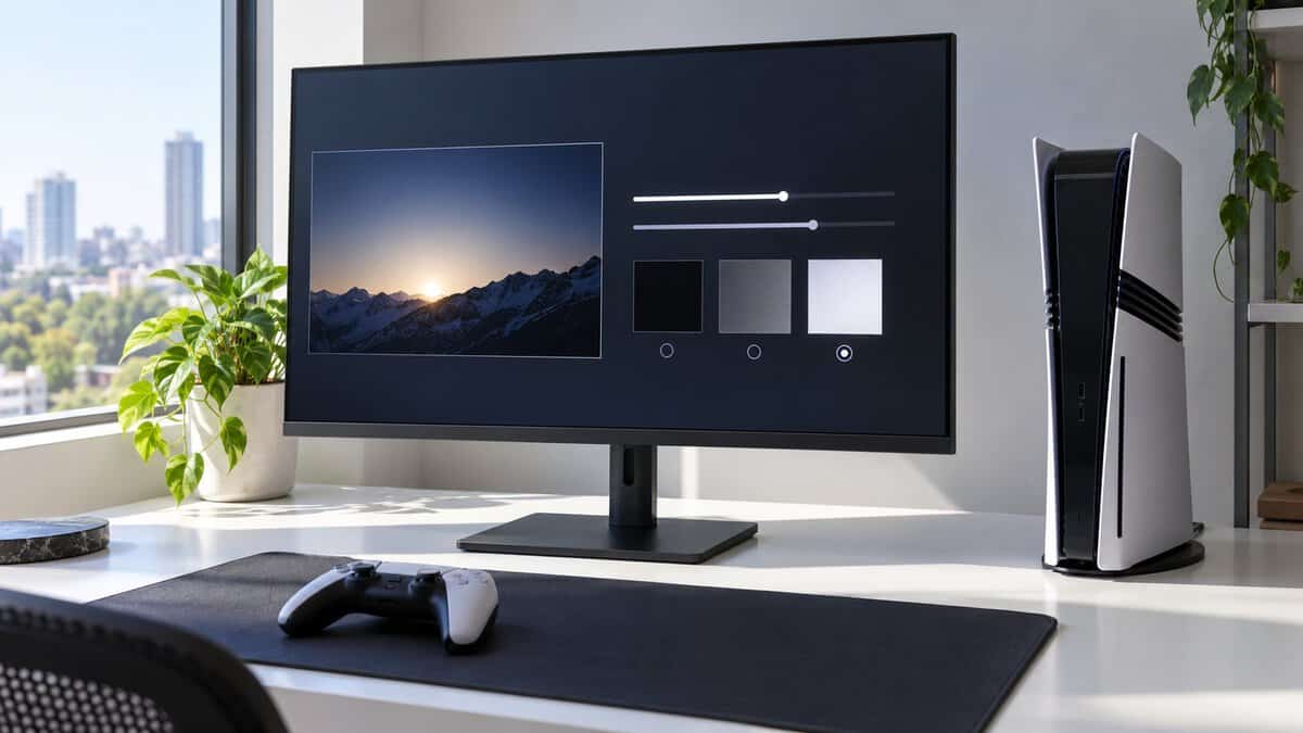 A mini-LED monitor on a white desk by a sunny window showing an HDR brightness settings screen beside a tall white console, tuning HDR on the best monitor for GTA 6