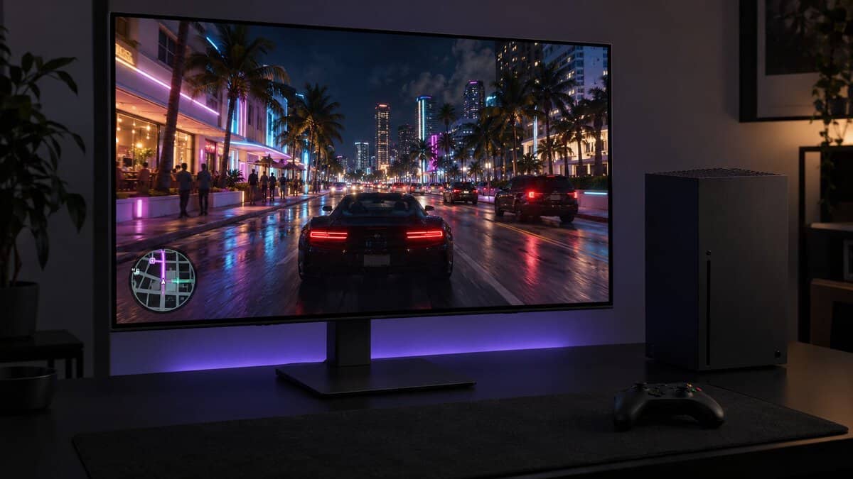 An OLED monitor with a violet glow behind it on a matte black desk, a neon city street at night and a corner minimap on screen next to a black tower console, the best monitor for GTA 6 for night drives