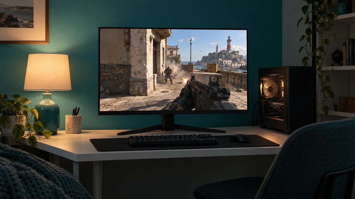 A 24.5-inch screen on a white desk against a teal wall, a close-range firefight in a stone coastal town on screen, a lamp with a teal ceramic base on one side and a compact PC on the other, a small setup that shows off the best monitor for Warzone