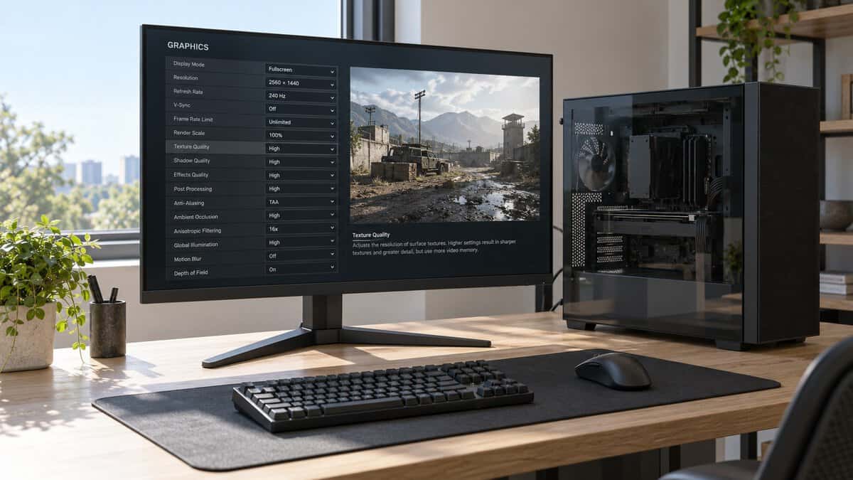 A graphics settings menu on a 27-inch monitor at a light oak desk by a sunny window, a black mid-tower PC beside it and a black keyboard on a felt desk mat, tuning the best monitor for Warzone in daylight