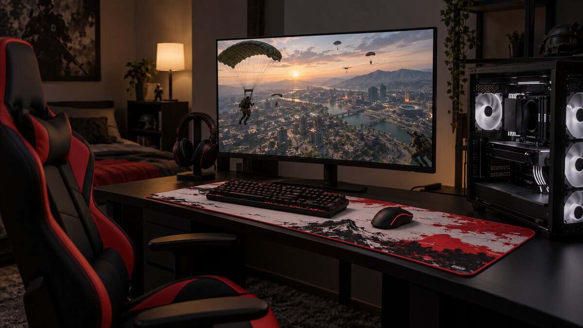 A red-and-black gaming chair at a dark desk with a red-and-white desk mat, a black keyboard and mouse, a headset on a stand and a white-lit gaming PC beside a 27-inch screen showing a squad parachuting over a city at dusk, a desk built around the best monitor for Warzone