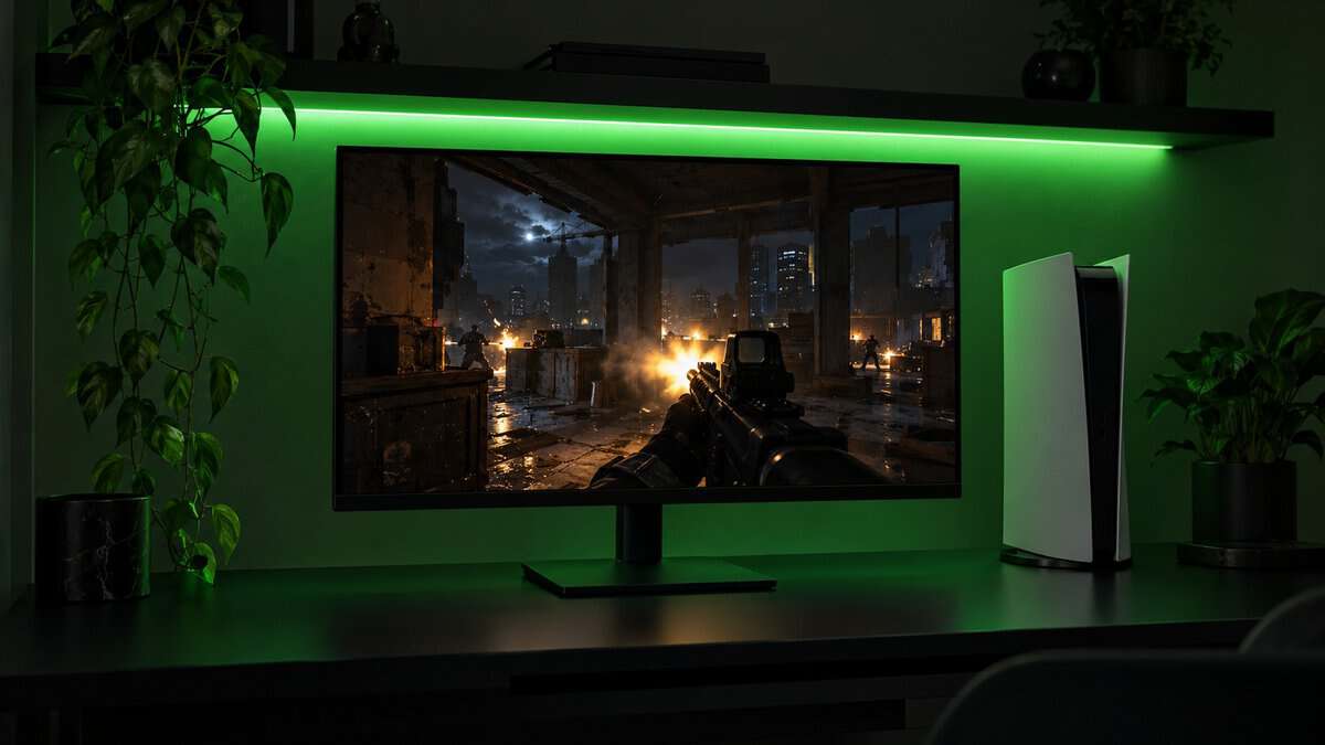 A dark interior gunfight lit by a muzzle flash at night on a thin-bezel monitor under a green-lit floating shelf, a slim white console standing beside it on a matte black desk, a console corner that suits the best monitor for Warzone