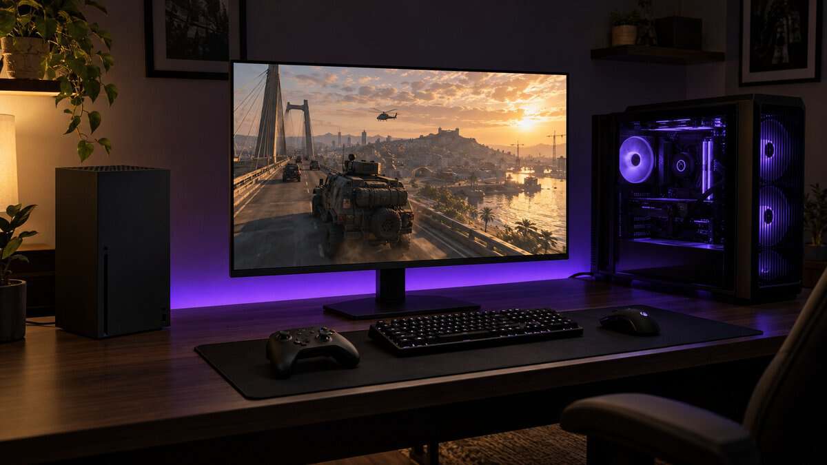 One monitor between a tall black console and a violet-lit gaming PC on a walnut desk, a controller, keyboard and mouse in front and an armored truck crossing a bridge at sunset on screen, a shared PC and console spot for the best monitor for Warzone