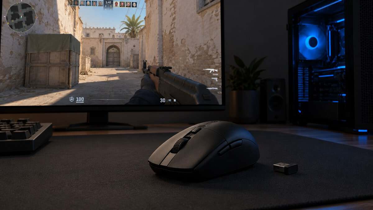 Compact black wireless mouse with its tiny USB receiver beside it on a dark desk mat, a small-hand take on the best mouse for claw grip, with Counter-Strike 2 on screen