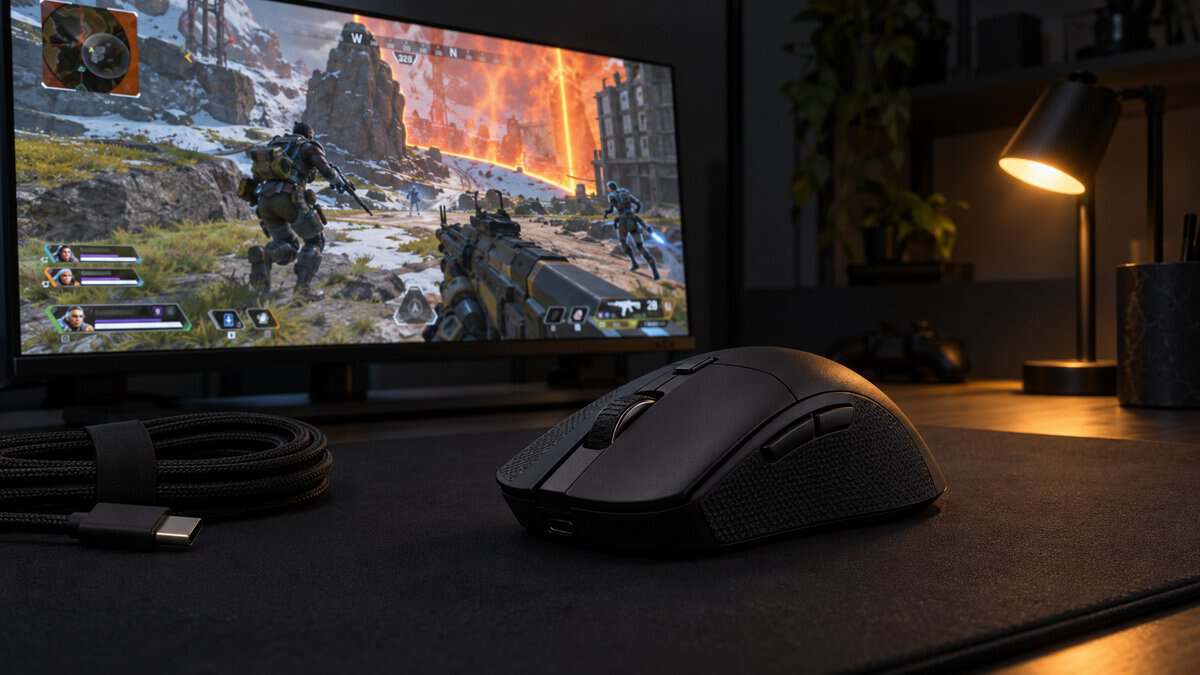 Low black symmetrical wireless mouse with textured grip tape on its sides and a coiled USB-C cable nearby, a light option for the best mouse for claw grip, with Apex Legends on screen