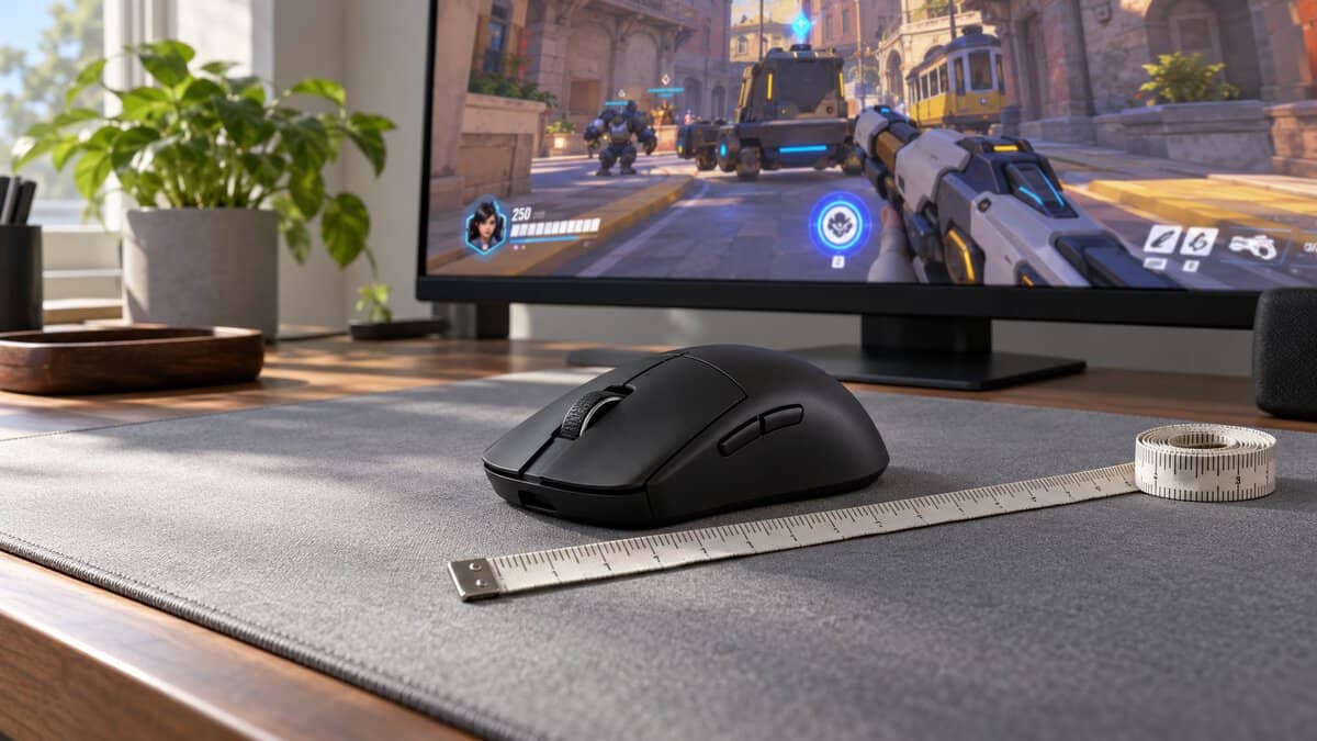 Small, light black symmetrical mouse next to a cloth tape measure on a gray desk pad, sizing the best mouse for claw grip to your hand, with Overwatch 2 on the monitor