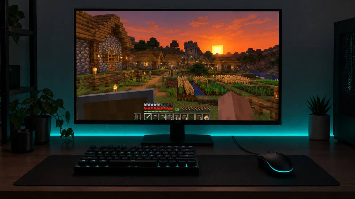Small black wired mouse with a cyan glow beside a compact backlit keyboard on a dark desk mat, the monitor showing a Minecraft village and wheat farm at sunset, a budget survival desk with the best mouse for Minecraft